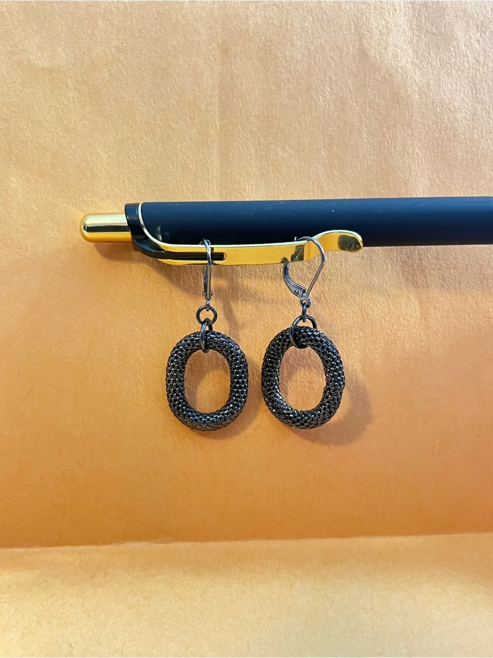 Textured Black Hoop Drop Earrings with Lever-Backs